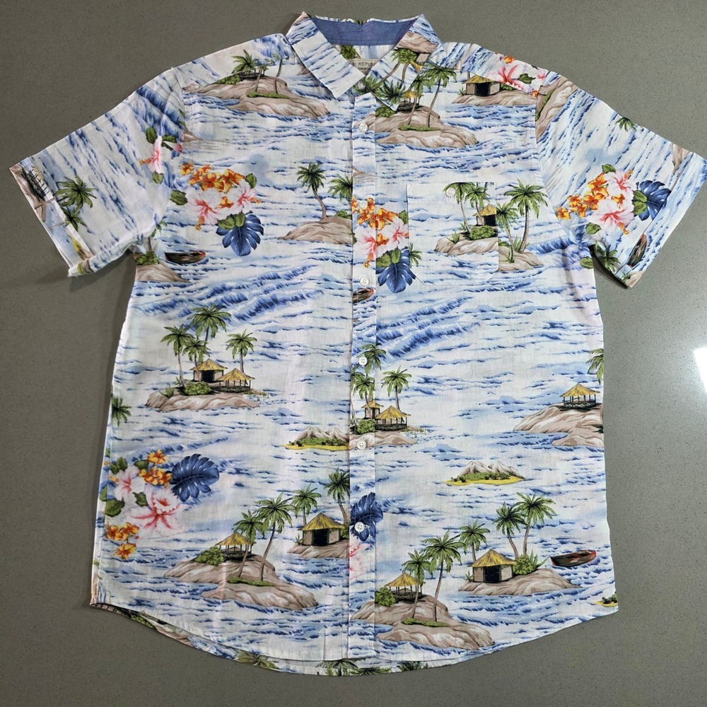Island Republic Mens Large Linen Blend Tropical Scenic Palm Tree Aloha Shirt L